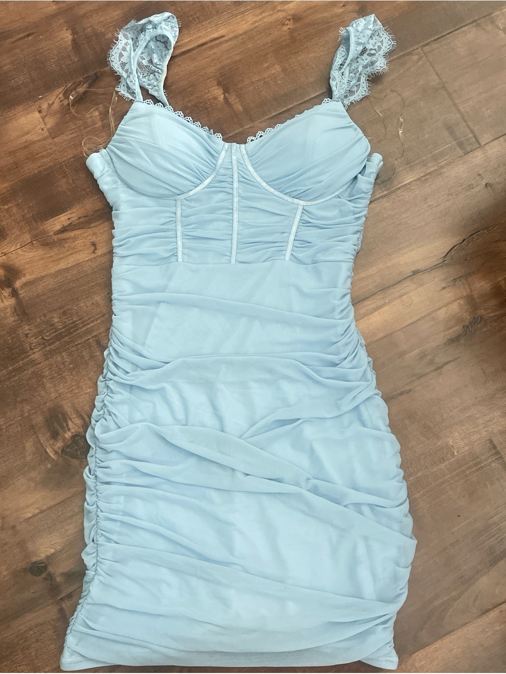 Windsor Pale Blue Ruched Dress with Lace Straps